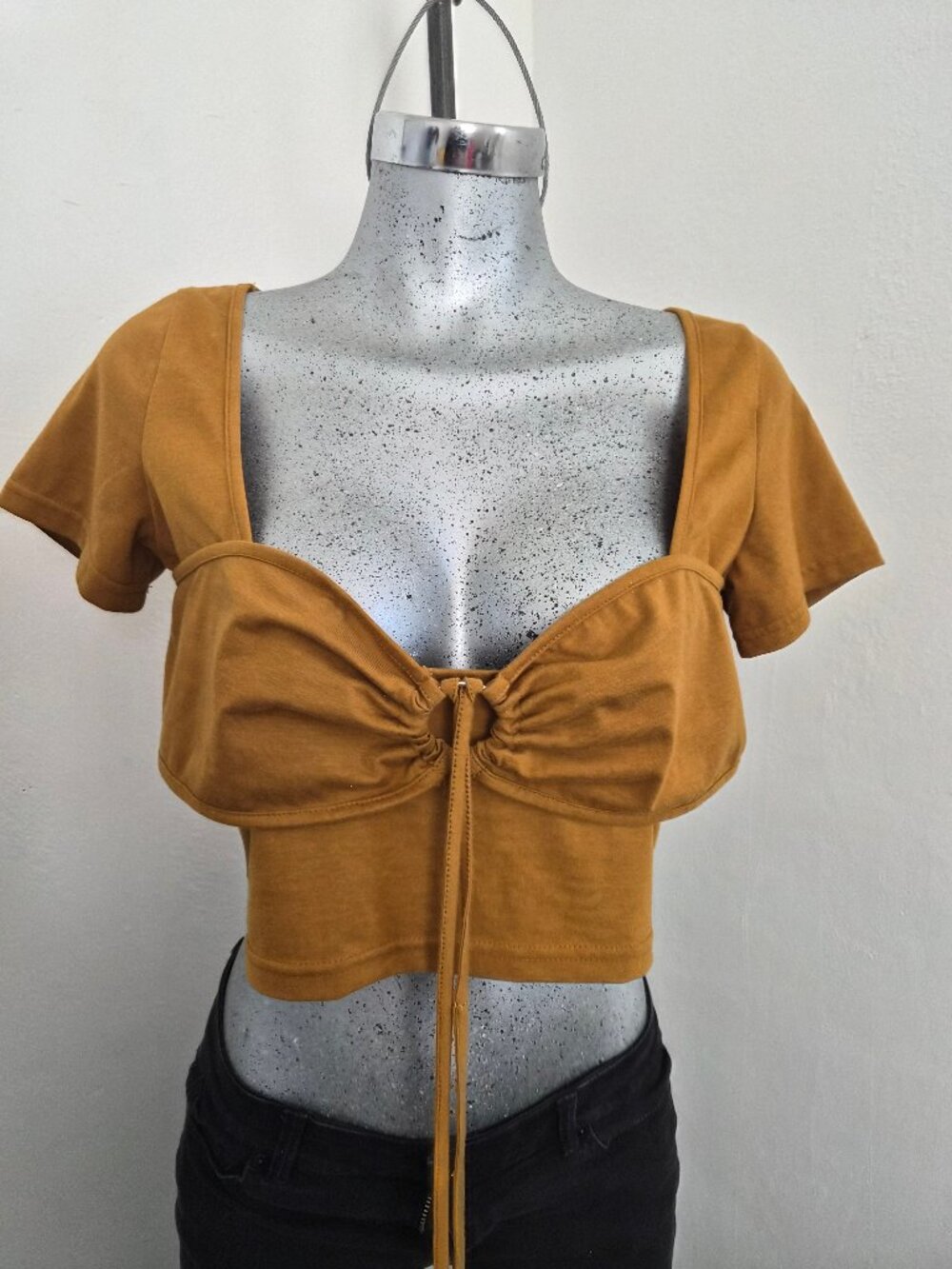 Tie Front Crop Top Short Sleeve Square Neck